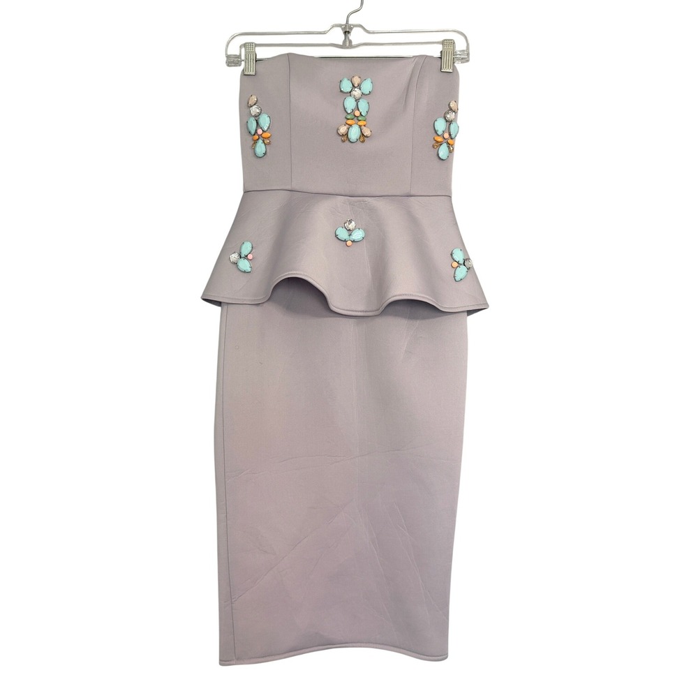 ASOS Embellished Peplum Strapless Midi Scuba‎ Dress Womens Size 4 Bodycon Party